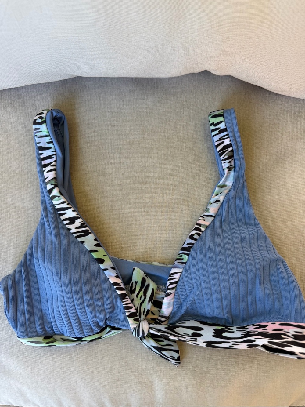 Becca Ribbed Blue Bikini Top with Pastel Animal Trim